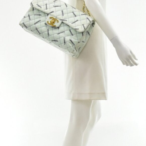 Vintage Chanel Light Mint Green Maxi Jumbo Logo Pattern Quilted Cotton Shoulder - Picture 15 of 15
